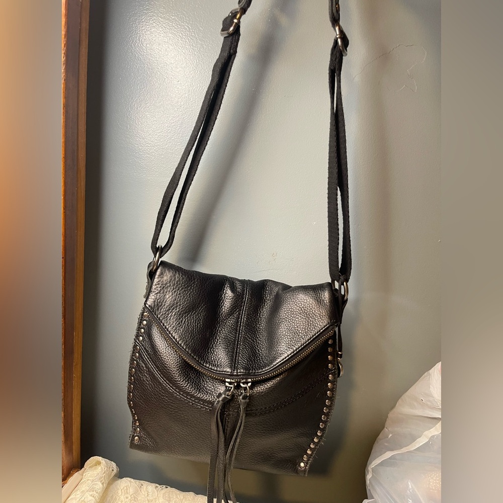 Studded Black Leather Crossbody Bag with Tassel Zip